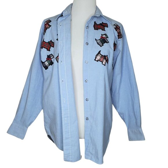 Vintage Scottie Dog Embroidered Womens Shirt Size Medium Long Sleeves Blue - Picture 4 of 7